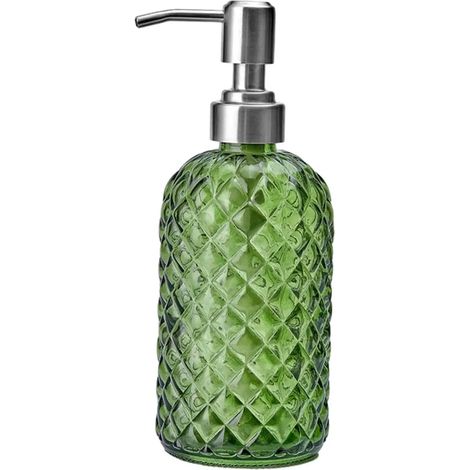 Distributeur de savon liquide en verre (vert) avec pompe en acier inoxydable, motif pierres précieuses, rechargeable, pour la maison, la cuisine et la salle de bain. (1/5)