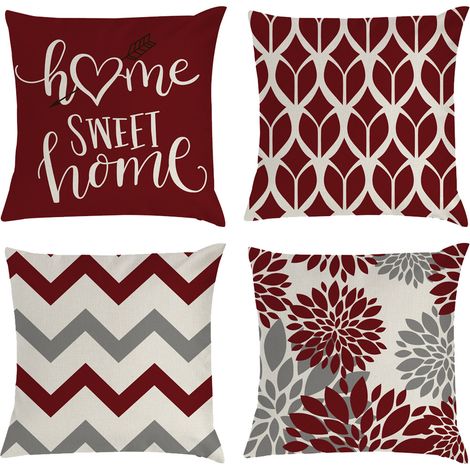 Lot de 4 housses de coussin décoratives noires et rouges, 45 x 45 cm, couleur bordeaux. (1/5)