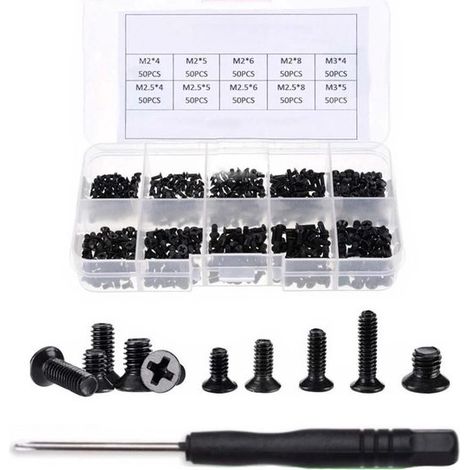 500 vis, vis cruciformes et à tête fraisée, vis pour ordinateur portable, petites vis noires + tournevis (1/4)