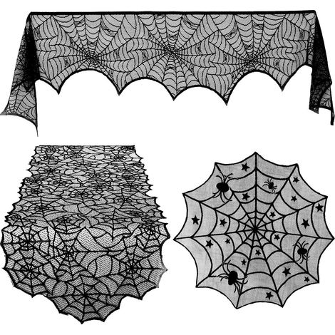 Lot de 3 nappes rondes en dentelle effet toile d'araignée pour Halloween, à poser sur la cheminée ou à décorer avec des motifs d'araignées. Idéales pour une fête d'Halloween à la maison. (1/5)