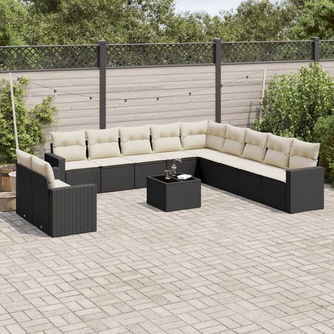 Salon de jardin 12 pcs résine tressée noir avec coffre de rangement et coussins - PANGIVO (1/3)