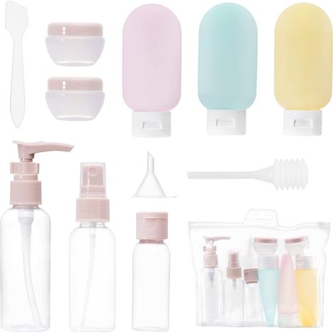 Carehabi 11-teiliges Reiseflaschen-Set, nachfüllbare Reisebehälter, transparente leere Sprühflaschen, kleine Cremetiegel, Spender (1/5)