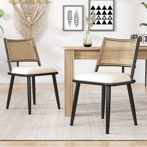 4 Esszimmerstühle,PU-Sitz,Rattan-Rückenlehne,Wohnzimmer,Schlafzimmerstuhl,Schwarz (1/5)