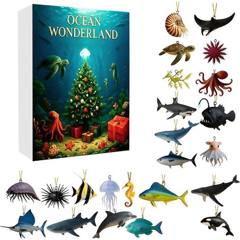 Calendario de Adviento de Navidad de 24 días con temática de un maravilloso mundo oceánico. Artículos coleccionables sorpresa. Decoración navideña. (1/5)