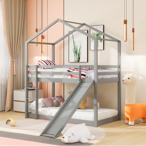 DESVIAE Lit superposé enfant maison avec toboggan et échelle en bois massif 90 x 200 cm gris (1/5)
