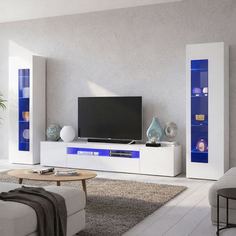 Dmora Sistema modular de pared para salón, Made in Italy, mueble de pared y mueble para TV, juego de salón moderno, 300x40h162 cm, color blanco brillante, con embalaje reforzado (1/4)