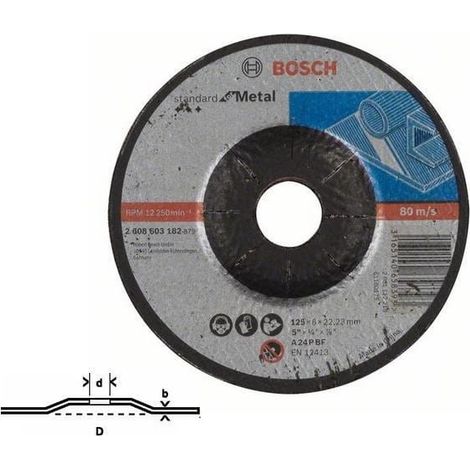 Disco de amolar Bosch para metal, 125 mm x 6,0 mm x 22,2 mm, estándar, para metal.
