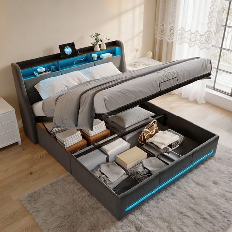 Lit Coffre 140x190cm avec LED ,Tête de Lit Capitonné avec USB/Type-C,Cadre de Lit Double Adulte Adolescent avec Sommier a Lattes,Lit 2 Place,Tissu Lin Gris (1/5)