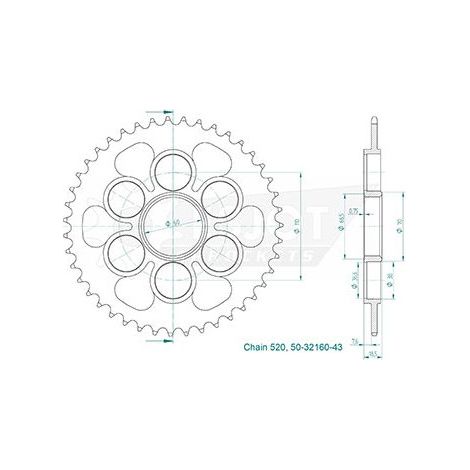 Couronne Acier Ducati - 520 - 43 Dents - Made in Germany