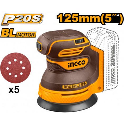 Levigatrice orbitale senza fili INGCO CROSLI2002 20V 125 mm con 5 abrasivi Ø125 mm