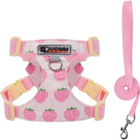 Filiyano-Harnais pour chien ajustable, léger et respirant, avec laisse, anneau et logo réfléchissant - Motif fraise, taille M, rose (1/5)