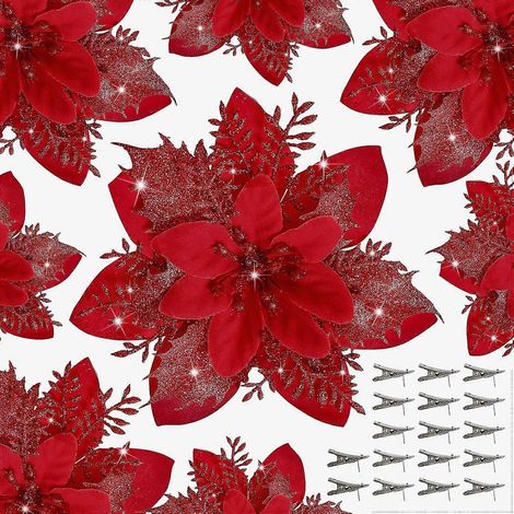 15 künstliche Weihnachtssterne mit Clips, glitzernder Weihnachtsbaumschmuck – Rot + Rot (1/5)