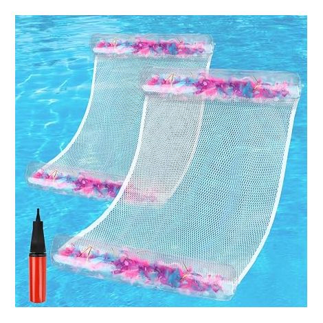 2 x Matelas gonflables pour piscine avec plumes colorées, coussin d'air sur l'eau, hamac flottant avec filet, bouée de piscine transparente (1/5)