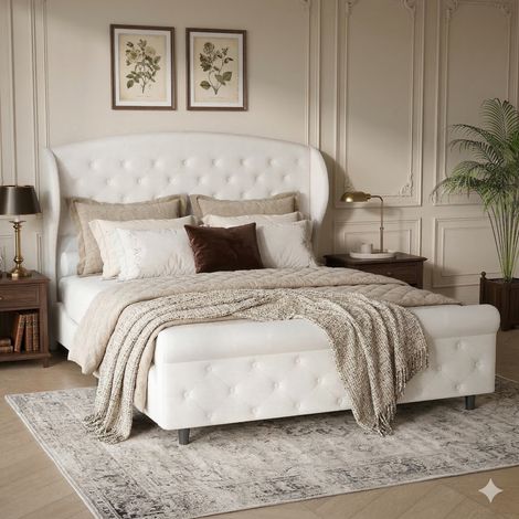 Bett 140 x 200 cm – Erwachsenenbett 140 x 200 im Schlitten-Design – Bettgestell 140 x 200 – inklusive Lattenrost – cremeweißer Samt (1/5)