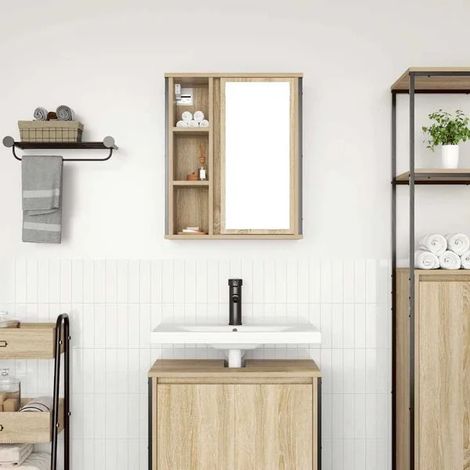 Armoire de Toilette avec Miroir, Meuble de Rangement Mural en Bois Couleur Chêne Sonoma, 50 x 21 x 60 cm, Cabinet de Salle de Bain avec Étagères pour Organisateur de Cosmétiques (1/5)