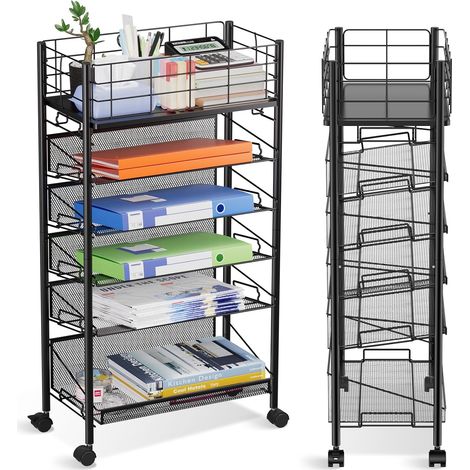 Chariot de Rangement à roulettes pour Livre et Magazines, Mobile 6 Niveaux Métallique Stockage Cart Gain de Place pour Bureau étude Bibliothèque école (Noir) (1/5)