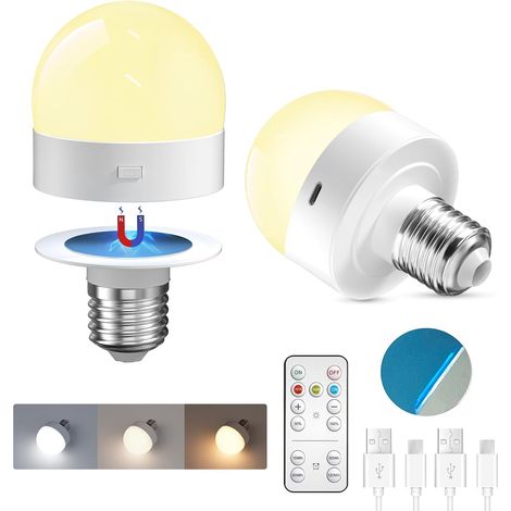 Ampoule Rechargeable E27 avec Télécommande, Rechargeable USB-C 3 Températures de Couleur Réglables avec Aimant pour L'éclairage D'urgence, Le camping, Les Veilleuses(Lot de 2) (1/5)