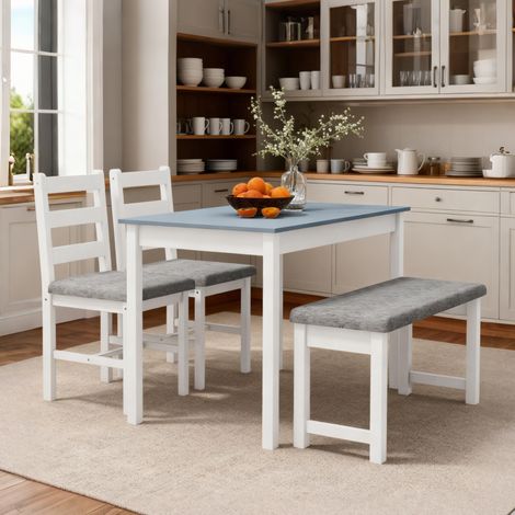 Ensemble de salle à manger 4 pièces, comprenant une table, un banc et deux chaises, gris et blanc.