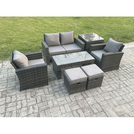 Fimous 6 Seater Outdoor Rattan Garden Furniture Set Patio Lounge Sofa Set with Coffee Table Side Table 2 Small Footstools Dark Grey Mixed (1/5)