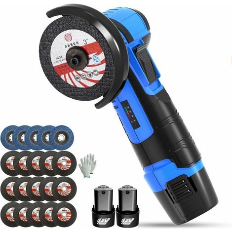 Mini smerigliatrice angolare a batteria da 500 W 12 V con 2 batterie, 5 lame lamellari e 15 dischi abrasivi