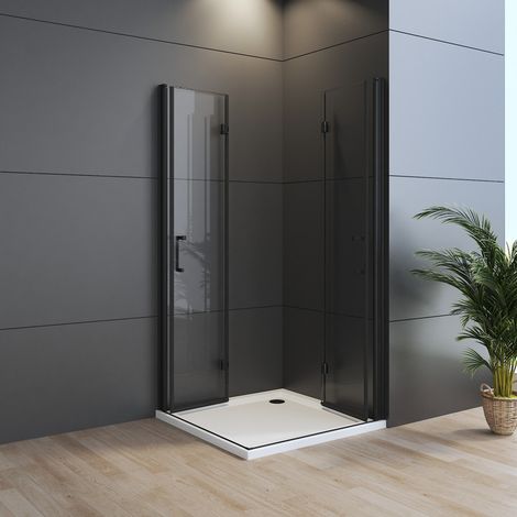 WDWRITTI Duschkabine 100x100 cm Schwarz Falttür Eckeinstieg Duschkabine Eckdusche Drehfalttür Dusche Duschwand aus 6mm NANO ESG Sicherheitsglas, H:195cm