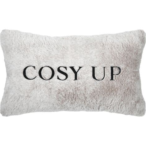 Coussin décoratif toucher fourrure avec message brodé "Cosy up" Gris 30x50 cm