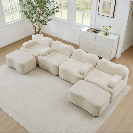 Modulares U-Sofa Beige Samt mit 2 Hockern und Boneless-Design (1/5)