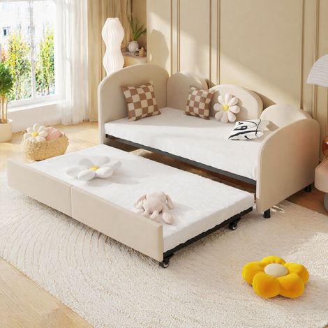 Letto imbottito per bambini 90x200 cm, con cassetto estraibile, in velluto beige, design a fiore, senza materasso (1/5)