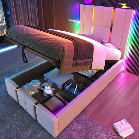 Cama con espacio de almacenamiento tapizada en lino beige 90x200 cm con LED RGB, USB/Tipo-C y somier de láminas (1/5)