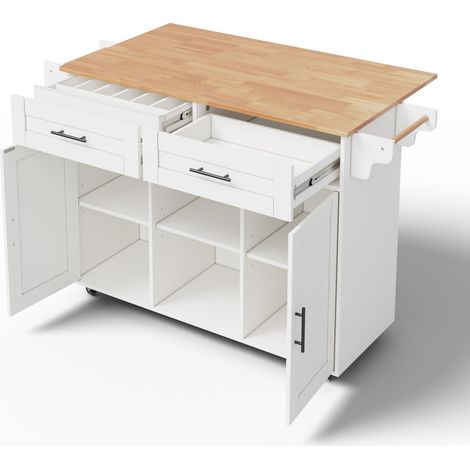 145 x 45 x 94,5 cm, îlot de cuisine mobile multifonctionnel avec plan de travail rabattable, étagères réglables, 5 roulettes, tiroir à couverts dissimulé – adapté aux cuisines, salles à manger, salons