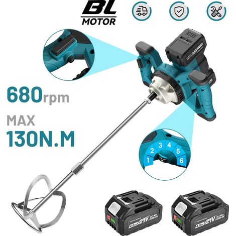 Malaxeur électrique brushless sans fil – 120–680 tr/min – 6 vitesses – avec 2 batteries – outil pour plâtre, peinture et ciment