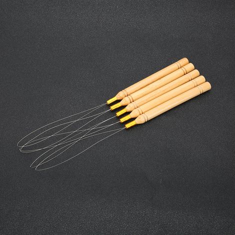 Lot de 5 aiguilles à boucle en bois pour extensions de cheveux, outil de tirage de fil avec crochet. (1/5)