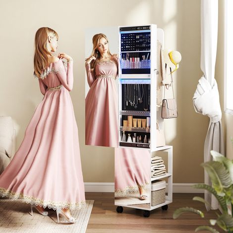 Armoire à bijoux avec miroir pivotant à 360°, lumière LED réglable, serrure et étagères, 37x40x165,5 cm, noir