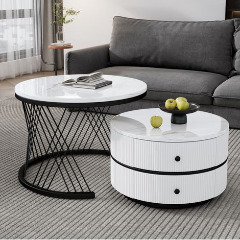 Set di 2 tavolini rotondi sovrapponibili 60x60x46 cm e 50x50x31 cm con 2 cassetti, bianco (1/5)