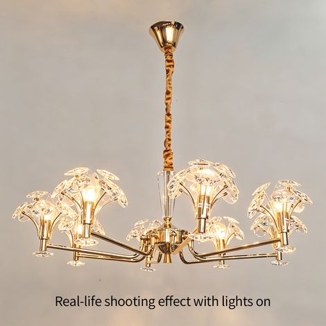 Goldene Kristall-Hängelampe 8-flammig, eleganter Design-Kronleuchter mit E14 Fassung, Durchmesser Ø 85 cm, luxuriöse Deckenlampe für Wohnzimmer und Schlafzimmer