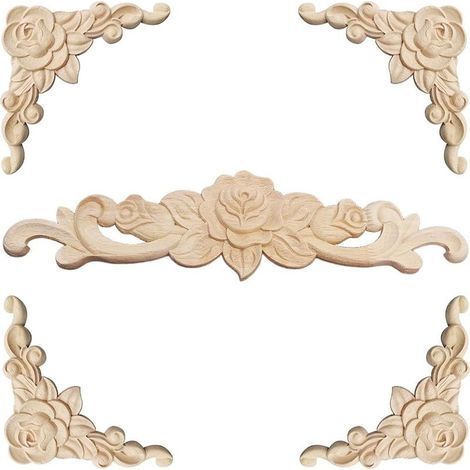 Moulure décorative en bois 5 pièces Moulure longue 30 cm x 7 cm et moulures d'angle 8 cm x 8 cm Bois d'hévéa naturel à peindre (1/3)