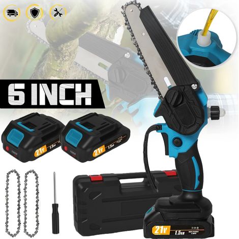 Motosega elettrica a batteria da 21 V 6 pollici Potente piccola motosega portatile elettrica con oliatore automatico Sega da potatura Strumento per la lavorazione del legno, Con 2 batterie