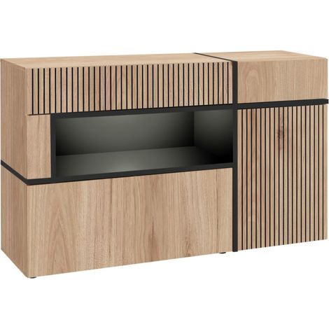 Buffet CRISS – 2 ante, 2 cassetti, LED – Rovere chiaro e nero