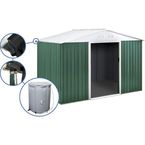 Gerätehaus aus Metall - "Rosas " - 7,06 m² mit Wasserauffangbecken und Regenrinne - Grün