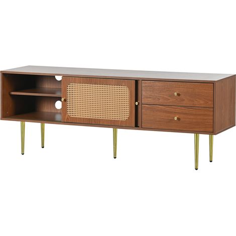 Meuble TV avec portes coulissantes en rotin synthétique brun et 2 tiroirs, MDF couleur noyer, 160 x 40 x 60 cm (1/5)