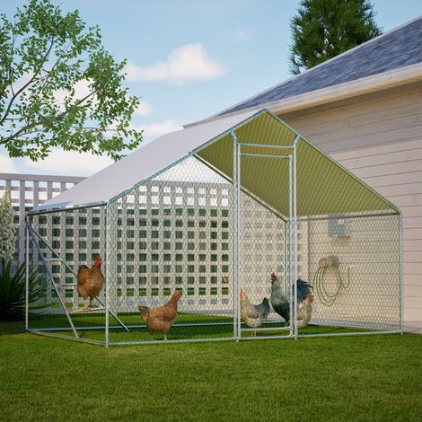 Gallinero de metal 303 x 200 x 200 cm con techo y escalera de escalada blanco OKMYHOME (1/5)
