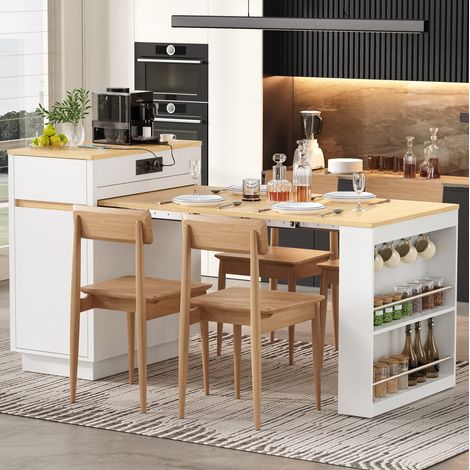 Mesa de cocina extensible con ruedas, tapa abatible, LED, USB/Type-C, blanca DESVIAE (1/5)
