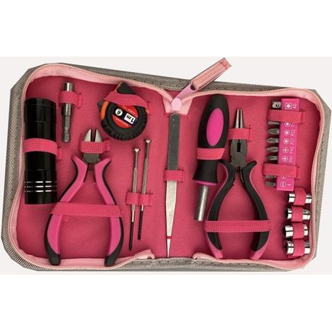 23-teiliges rosa Werkzeugset mit rosa Nylon-Aufbewahrungstasche für Heimwerkerarbeiten und Reparaturen zu Hause und im Büro (1/4)