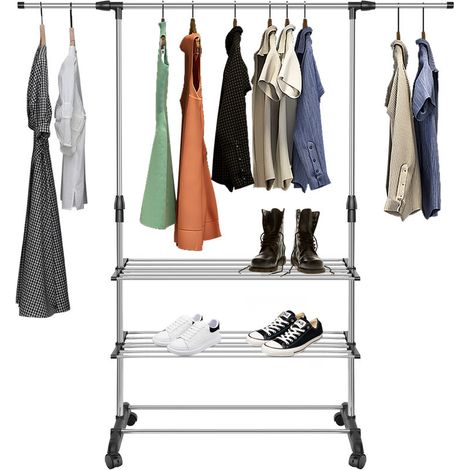 Portant à vêtement avec 3 niveaux étagères à Chaussures,®,avec roulettes,penderie à vêtements portable extensible,tringle réglable hauteur 93-158cm,largeur 91-164cm,noir (1/5)