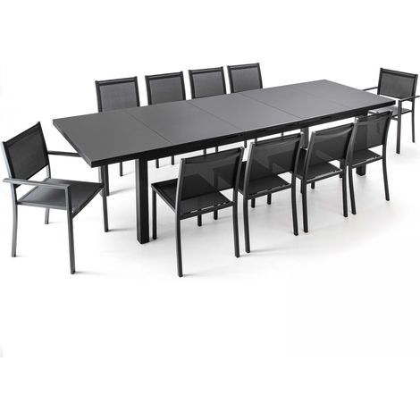 Oviala – Ensemble table et chaises de jardin extensible 256-320 cm – 10 places – Structure en aluminium – Plateau en verre sécurit