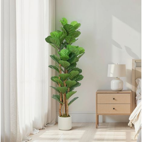 Ficus lyrata artificiale 71 foglie, tronco in legno, vaso bianco, 50 x 50 x 150 cm, verde OKMYHOME (1/5)