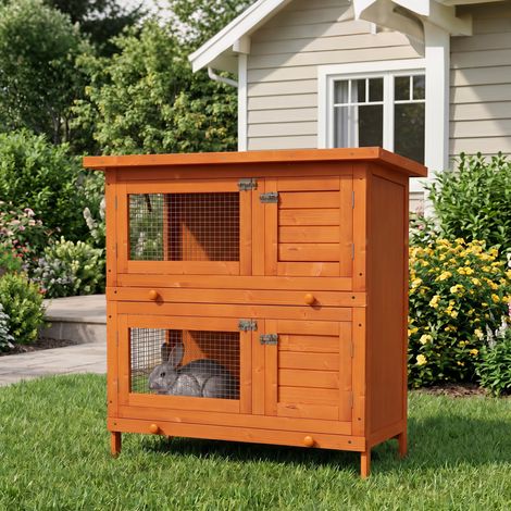 Cage à deux niveaux pour lapins, clapier extérieur en bois de sapin, 90x45x90 cm, bois et vert (1/5)