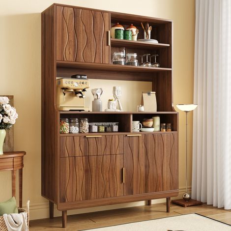 Buffet haut de cuisine H 170 cm avec étagères ouvertes, portes et tiroir, MDF et panneaux de particules noyer (1/5)