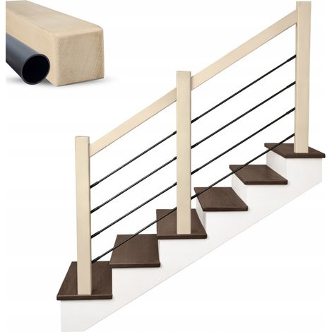 Rambarde escalier bois frêne massif avec tubes noirs, garde-corps intérieur design moderne
