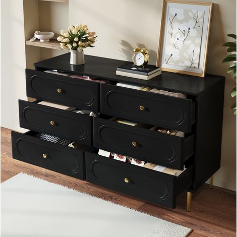 Credenza 120x40x75 cm, 6 cassetti con frontali ovali, piedi in metallo, MDF e truciolare, nero (1/5)